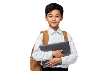 Asian schoolboy in white shirt and backpack, holding a laptop, smiling at the camera against a transparent background