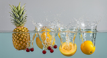 A dynamic shot of various fruits, including a pineapple, cherries, and melon slices, splashing into clear water against a neutral background.