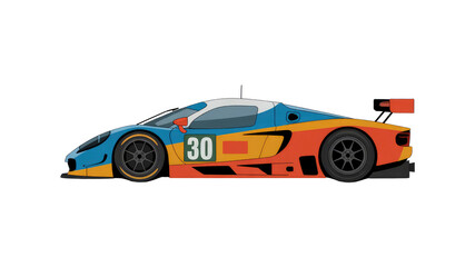 Side Profile of a Number 30 Race Car in Blue, Orange, and White Livery