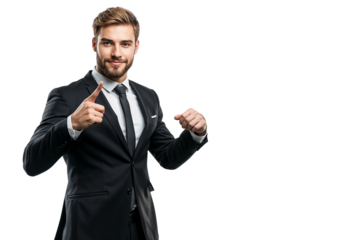 Charismatic businessman in a black suit and tie, smiling and posing with pointing to himself, isolated on transparent background