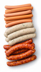 Pile of assorted sausages bratwurst, chorizo, frankfurter—on white background
