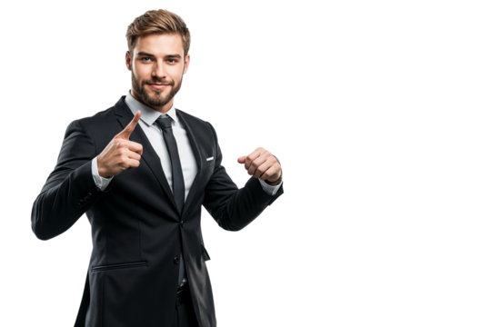 Charismatic businessman in a black suit and tie, smiling and posing with pointing to himself, isolated on transparent background