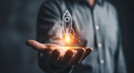 Launching a future with innovation and technology, a startup rocket takes off from a hand, symbolizing new business, growth and opportunity.