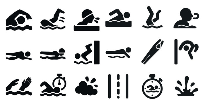 Swimming and water sports icons set - silhouette, solid, aquatic and exercise symbols