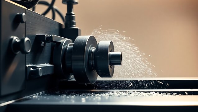 Close up of a metal lathe with shavings flying off during a machining process in a workshop setting