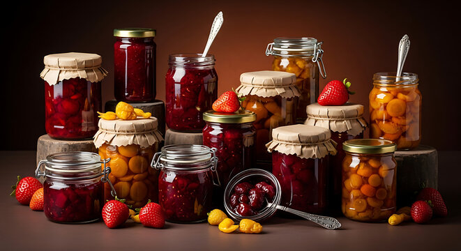 A still life of various homemade canned goods and preserves, including jams and pickled vegetables, displayed in glass jars with fruits and vegetables scattered around them. - Powered by Adobe