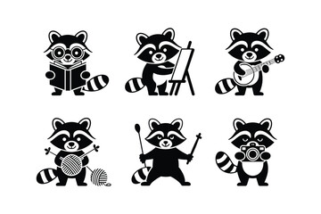 Raccoons engaged in various activities silhouette reading