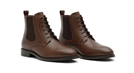 Pair of brown leather lace-up boots on white background