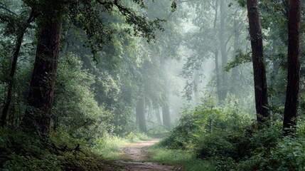 Obraz premium A serene forest path leading through lush greenery and mist, inviting peaceful exploration and tranquility.