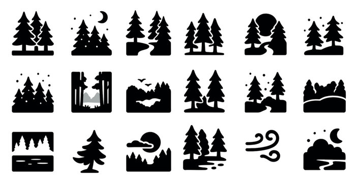 Nature and forest silhouette icons set – filled, solid, outdoor and wildlife symbols