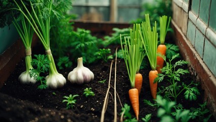 Garden with garlic, carrots, and small leafy greens growing in soil beside a brick wall