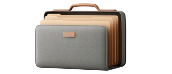 A gray textured expanding file folder organizer with a brown handle and multiple beige dividers.