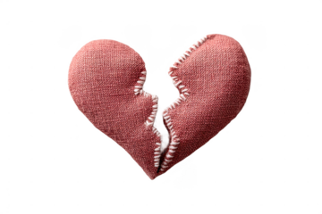 A textured, broken heart shape with jagged edges, symbolizing heartbreak or emotional pain, shown in shades of red with a three-dimensional appearance.