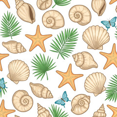 Seamless Pattern Illustration Tropical Seashells Starfish And Leaves On Black Background