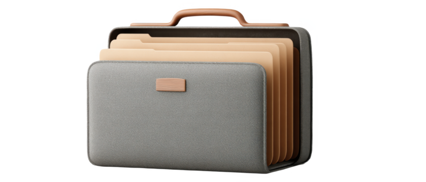 A gray textured expanding file folder organizer with a brown handle and multiple beige dividers.