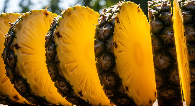 A side view of multiple thick slices of fresh pineapple, arranged in a row, with sunlight illuminating their vibrant yellow flesh and unique texture.
