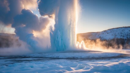 Geyser eruption in a snowy landscape under a partly cloudy sky. Nature and geothermal activity, landscape. The concept of natural phenomena and geothermal energy.