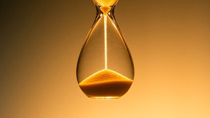 A close up shot of an hourglass with sand falling through it on a warm colored background light