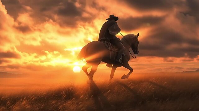 Gaucho cowboy in hat and poncho on top of a Creole horse riding through dry pasture at sunset