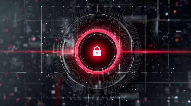 Zero trust architecture. A glowing red padlock icon in the center of a digital, high-tech interface represents cybersecurity and data protection.