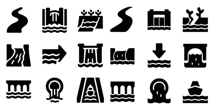 Water and hydrodynamics solid icons set – filled, aquatic, fluid flow symbols