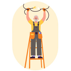 Elderly electrician with wires. Senior man fixing cables. Retired technician at work. Elderly worker with electric tools. Elderly set