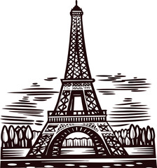 Hand drawn tower illustration with trees and clouds in vintage engraved