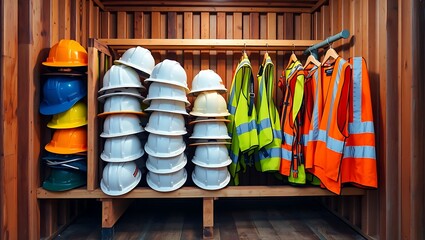 A wooden shelf filled with safety helmets and vests inside a wooden container for construction workers