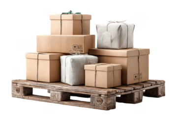 A wooden pallet stacked with various sizes of cardboard and wrapped packages tied with string.