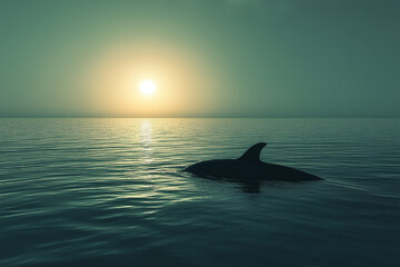 Fototapeta premium Dolphin silhouette at sunset over the ocean with nature and wildlife in tranquil sea