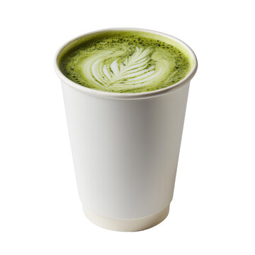 hot matcha latte in paper cup on transparent background