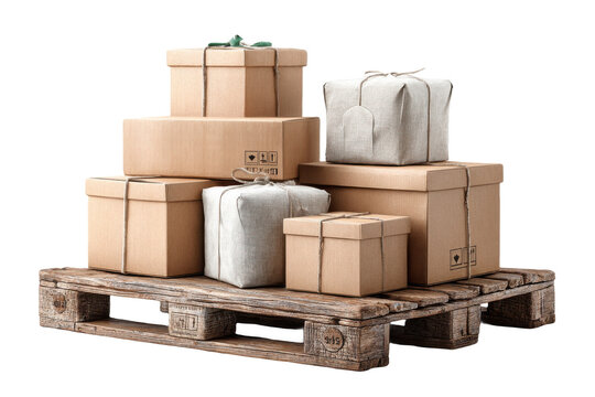 A wooden pallet stacked with various sizes of cardboard and wrapped packages tied with string.