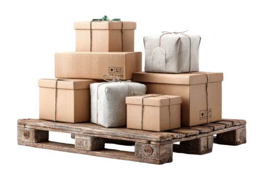 A wooden pallet stacked with various sizes of cardboard and wrapped packages tied with string.