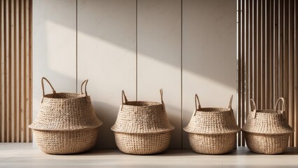 Fototapeta premium Four woven baskets of varying sizes are placed in a row against a light-colored wall with wooden slats on the side.