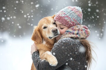 Child hugging dog in snowy winter landscape