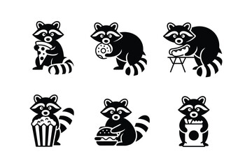 Obraz premium Raccoons enjoying various food items pizza donut