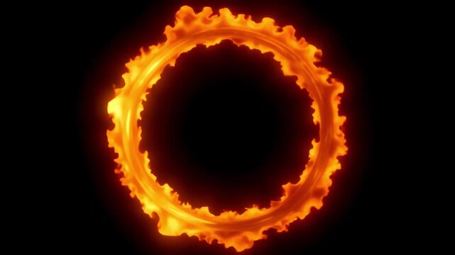 A fiery ring of bright orange flames isolated against a stark black background in a dynamic display