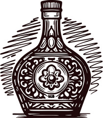 Ornate vintage engraved floral glass bottle with intricate decorative pattern and detailed stopper illustration