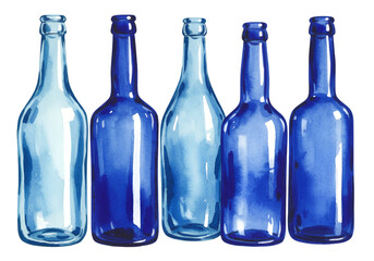 Watercolor Illustration Five Empty Blue Bottles