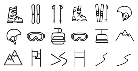 Fototapeta premium Skiing and snowboarding outline icons set – linear, winter, sports graphics