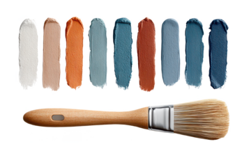 A wooden-handled paintbrush with natural bristles lies below eight textured paint swatches in shades ranging from white and beige to various blues and burnt orange.