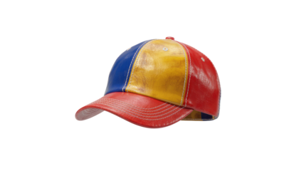 Tri-Color Leather Baseball Cap - Red, Yellow, and Blue
