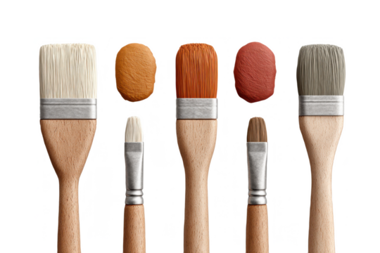 Five wooden paintbrushes with different shapes and sizes, each dipped in various shades of orange and red paint on the bristles.