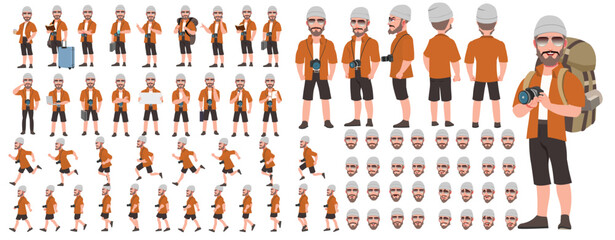 Traveler character model sheet, Character poses, expressions, Walk cycle, Run cycle animated character sequences.