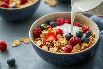 Milk poured into cereal bowl with berries