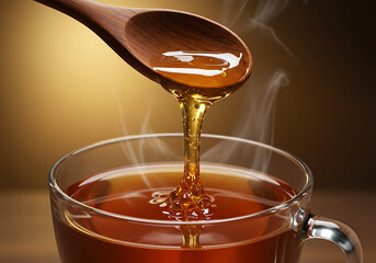 A wooden spoon dripping golden honey into a steaming glass cup of hot tea, with a warm and cozy background.