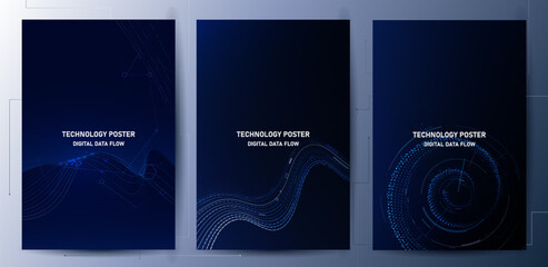 Tech Poster Set. Abstract digital wave technology background. Cyber tech Big data concept,Data Science, corporate business concept