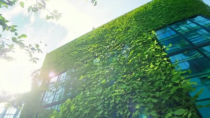Modern building facade with lush green vegetation and eco-friendly design
