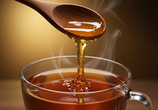 A wooden spoon dripping golden honey into a steaming glass cup of hot tea, with a warm and cozy background.