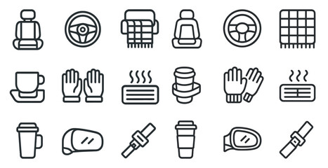 Car comfort outline icons set – vehicle, travel essentials, auto symbols